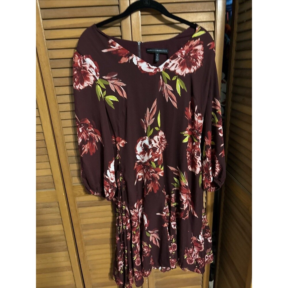 WHBM Elbow-Sleeve Godet Dress Women’s Size 10 Floral Chiffon Sash Tie Waist Boho